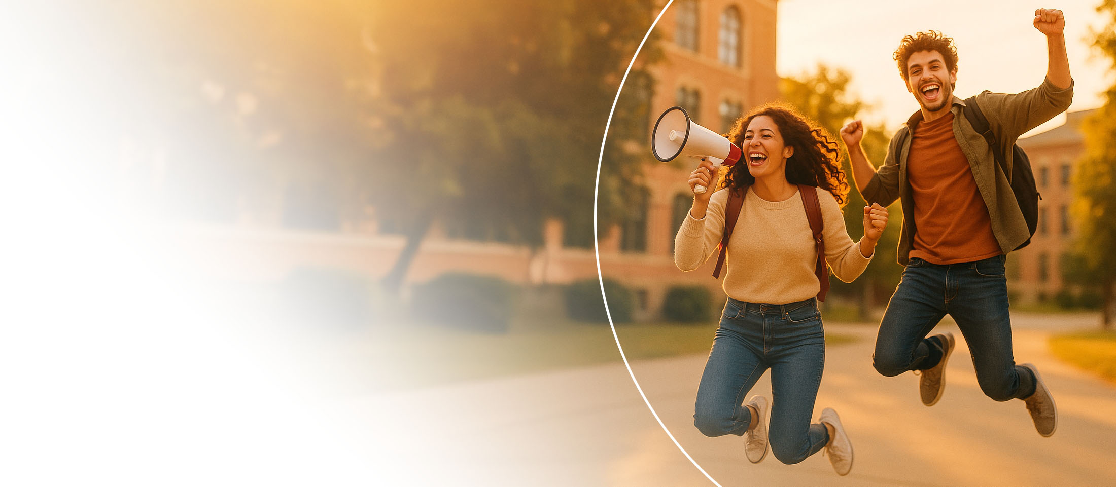 Two people jumping with excitement holding a megaphone outdoors.